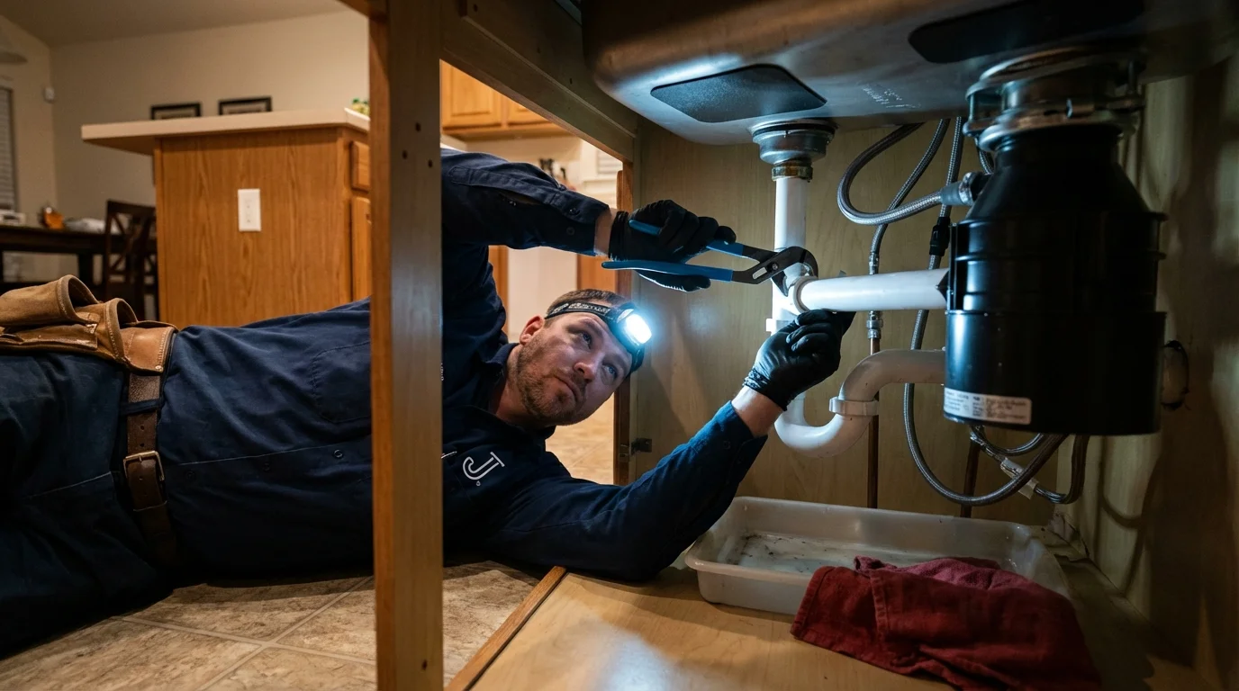 P-trap and supply line connections under a kitchen sink showing a common leak point in Aiken, SC